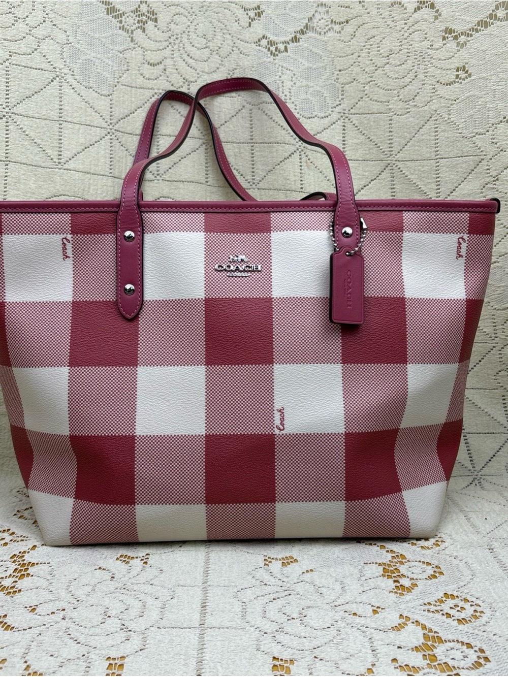 COACH F26147 City Buffalo Pink Plaid Zip Tote Purse Bag